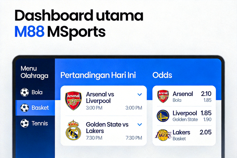 Dashboard utama M88 MSports dengan menu olahraga, pertandingan hari ini, dan odds yang ditampilkan