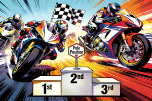 Ilustrasi balap motor seperti MotoGP atau Formula 1 dengan taruhan pada podium finish dan pole position