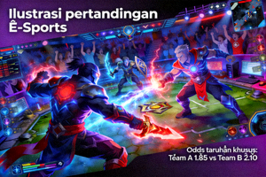 Ilustrasi pertandingan E-Sports seperti Dota 2 atau League of Legends dengan odds taruhan khusus