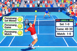 Ilustrasi pertandingan tenis dengan pilihan taruhan pada set, game, dan pemenang match