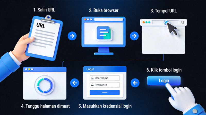 Langkah-langkah visual cara menggunakan link alternatif M88 mulai dari menyalin URL hingga login