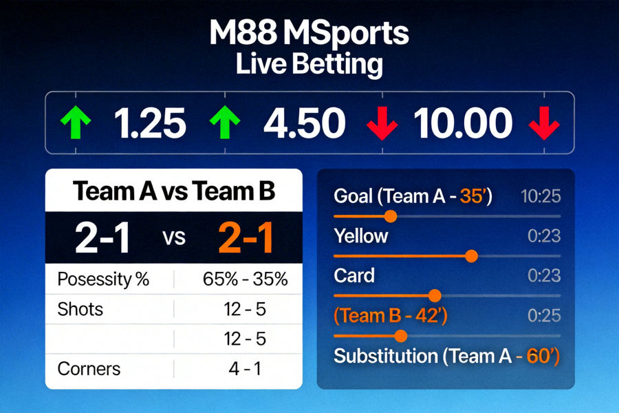 Tampilan live betting M88 MSports dengan odds berubah real-time dan statistik pertandingan